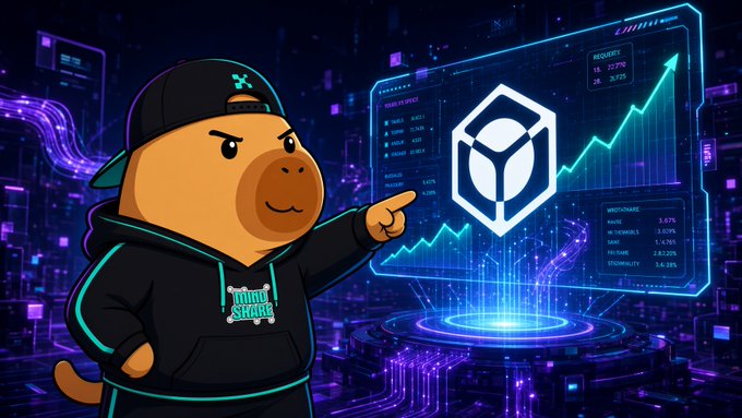 A cartoon monkey mascot wearing a black cap and 'MILK STRIPE' hoodie points at a glowing futuristic holographic display showing a rising green chart, a 3D cube logo, and cryptocurrency statistics with a '2.5T/D' value.