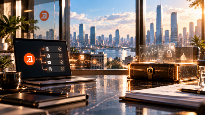 A digital illustration of a modern office with a city skyline view, featuring a laptop with a red and white logo alongside a transparent holographic chart and a briefcase on the desk.