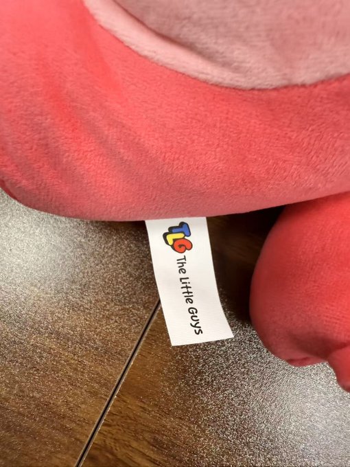 A close-up photo of a coral-pink fleece garment displaying a white clothing tag with the 'JTO' logo and text 'The Little Guys.'