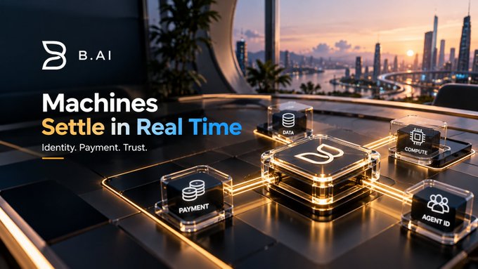 A promotional graphic for B.AI with the headline 'Machines Settle in Real Time' and subtitle 'Identity. Payment. Trust.', showing illuminated cubes labeled DATA, COMPUTE, PAYMENT, and AGENT ID.