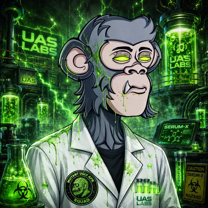 A cartoon monkey scientist in a white lab coat drips with glowing green ooze inside a sinister "UAS LABS" laboratory, surrounded by beakers, hazmat warning signs, and a "SERUM-X" monitor displaying a chemical formula—visually capturing the chaotic, mutant-making science behind the $SERUMX profile and "Mutant Ugly Ape Squad" project.