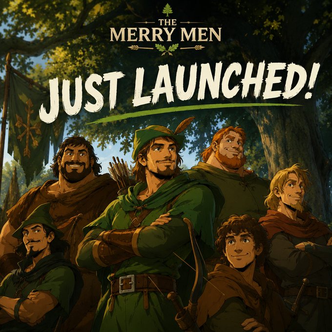 Promotional artwork for 'THE MERRY MEN' featuring a group of animated characters dressed as Robin Hood's bandits in green, with a banner reading 'JUST LAUNCHED!' and an 'OPEN' banner in the background.