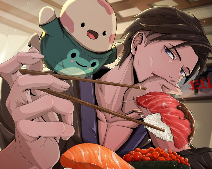 A muscular anime character with sharp purple eyes uses chopsticks to hold a piece of tuna nigiri sushi, while a small plush creature with a frog design rests on his shoulder against a backdrop featuring a "SUSHI" sign. The artwork, commissioned from artist @FuchuGeiju, showcases a dramatic close-up perspective of a sushi feast in progress, matching the post's excitement about the time invested in this detailed commission.