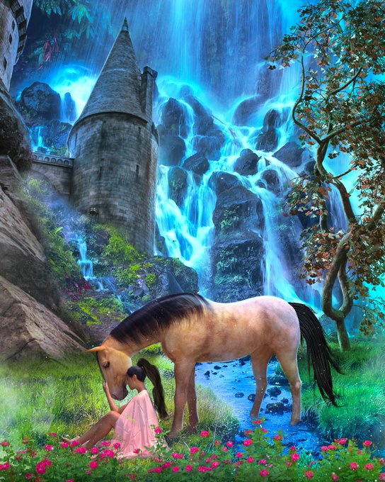A fantasy digital artwork depicting a young woman in a pink dress sitting beside a pale horse near a glowing blue waterfall and a stone castle tower.