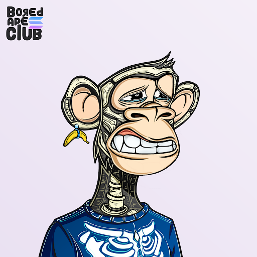 An illustration by Bored Ape Club showing a Bored Ape NFT character with a robotic/skeletal body wearing a blue shirt, accompanied by a banana earring.
