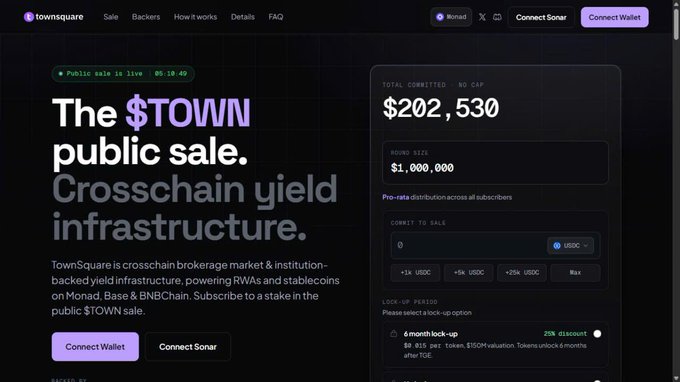 A TownSquare website shows 'The $TOWN public sale. Crosschain yield infrastructure.' with $202,530 total committed toward a $1,000,000 raise size.
