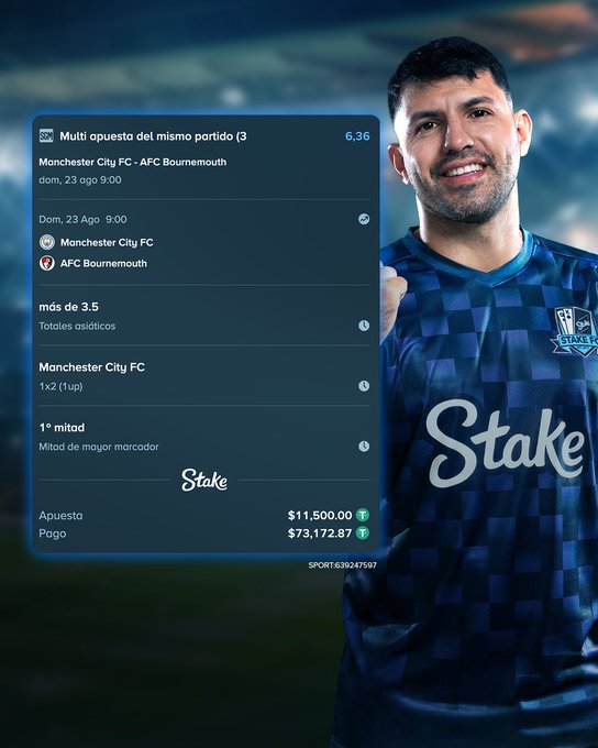 A Stake.com betting slip shows a multi-bet on the Manchester City FC vs AFC Bournemouth match on Sunday, August 23 at 9:00, wagering $11,500.00 for a potential payout of $73,172.87, with selections including over 3.5 total goals, Manchester City FC 1X2 (1up), and first half being the highest-scoring half. The slip is overlaid on an image of a soccer player in a blue and black checkered jersey featuring the Stake sponsor logo, tying into the promotional message of new season betting opportunities on the platform.