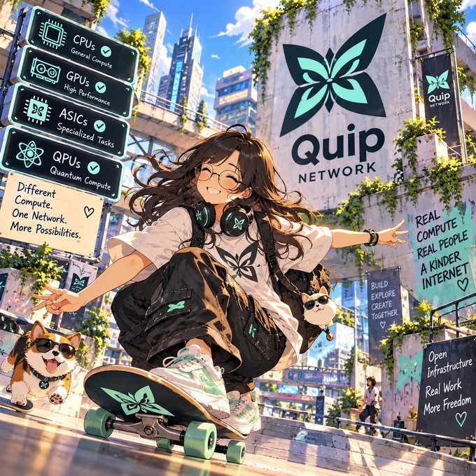 Anime-style artwork of a girl on a skateboard promoting 'Quip Network' with text about CPUs, GPUs, ASICs, QPUs, and diverse compute.