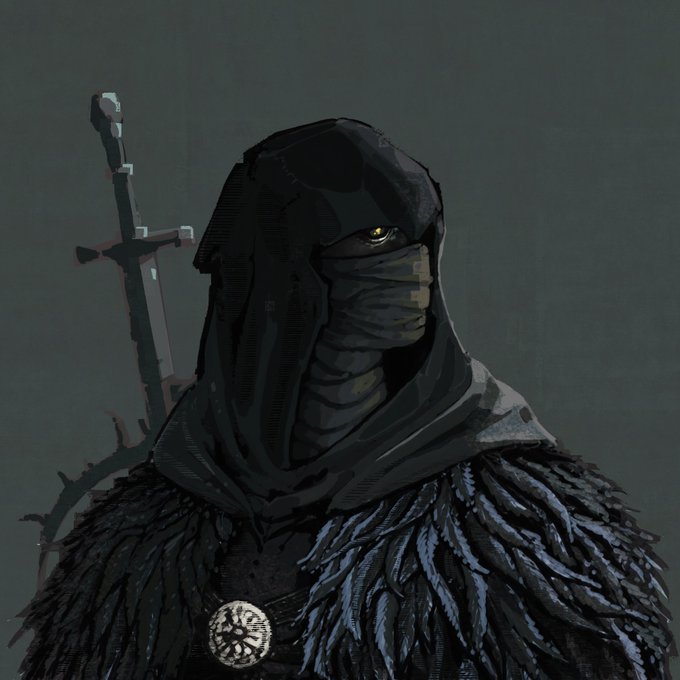 A dark, hooded figure wearing a textured mask and feathered cloak, with a glowing yellow eye and a sword strapped to their back.