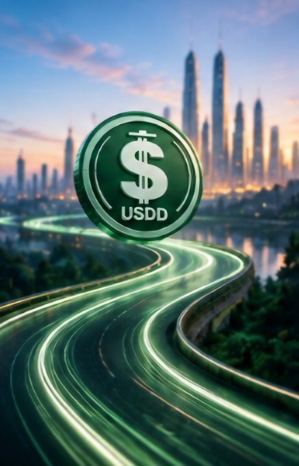 A digital illustration featuring a large green coin with a dollar sign and "USDD" written on it, set against a futuristic city skyline with light trails on a highway.