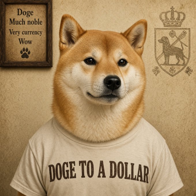 A regal Shiba Inu dog wearing a "DOGE TO A DOLLAR" t-shirt is pictured against a vintage-style background featuring a "Doge Much noble Very currency Wow" plaque and a noble coat of arms crest—imagery that playfully frames $DOGE's long-held aspiration of reaching a $1 valuation as a noble, almost royal pursuit on the path to becoming a reality.