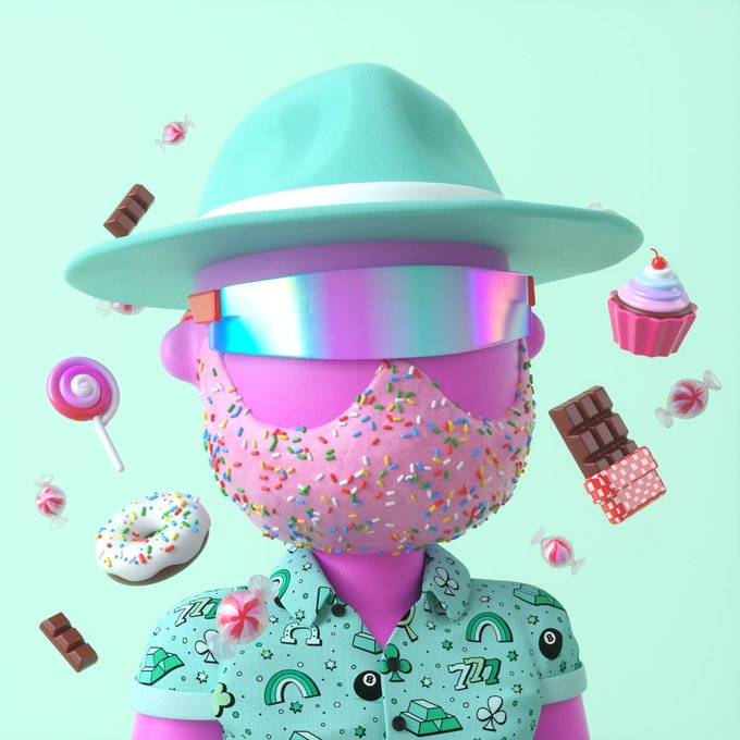 The image features a cartoon character wearing a hat, sunglasses, and a shirt with various sweets such as donuts, cupcakes, and candy bars scattered around them. The character also has a beard that appears to be growing out of their face. In the background, there are other characters or objects related to the post, including a rainbow, a number "77", and a lollipop.