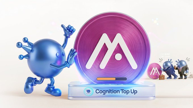 A cheerful blue mascot character with a crown points to a glowing purple coin featuring the "M" logo, displayed on a base labeled "Cognition Top Up," with two smaller characters carrying a "M" coin on the right—illustrating Moca Network's $MOCA token powering AI-driven digital identity and agent economies in partnership with @hellominds_.