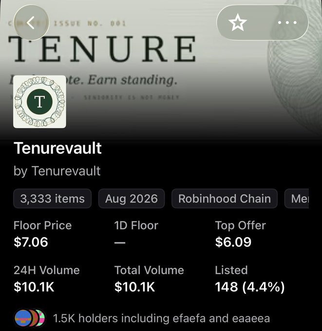 A screenshot of the Tenurevault NFT collection details on OpenSea shows a floor price of $7.06 with 3,333 items on the Robinhood Chain, aligning with the post's "Higher it is" sentiment congratulating minters as the floor price has climbed above previous levels.