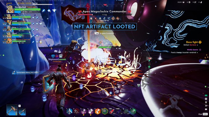 Gamers battle the "Apex Megaclokkie Commander" boss in a neon-lit arena, with an "NFT ARTIFACT LOOTED" notification displayed prominently. The screenshot illustrates the weekend quest described in the post, where players team up to defeat enemies and collect NFT rewards.