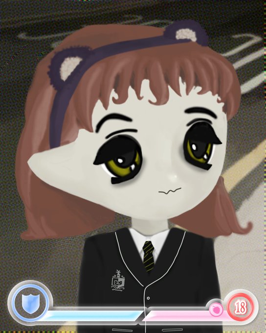 A cartoon character resembling an anthropomorphic animal wearing a black school uniform with a striped tie, with health and shield icons at the bottom.