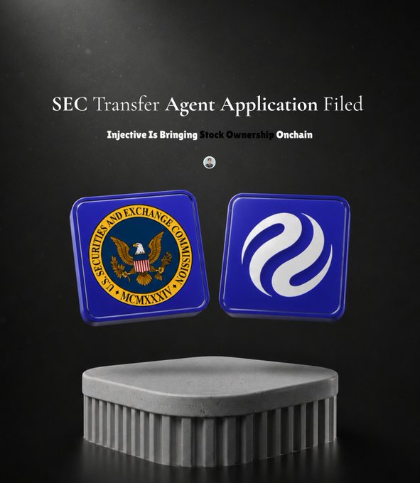 The image displays a graphic announcing that Injective's SEC Transfer Agent Application has been filed, with the headline "SEC Transfer Agent Application Filed" and subheading "Injective Is Bringing Stock Ownership Onchain." It features the U.S. Securities and Exchange Commission (SEC) seal and the Injective ($INJ) logo side by side above a stone pedestal, symbolizing the bridge between traditional financial regulation and blockchain-based ownership. The visual reinforces the post's message about addressing ownership verification issues in tokenized stocks by integrating with established regulatory infrastructure.