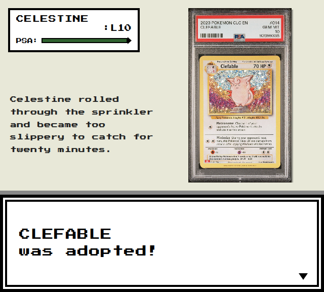 A Pokémon Crystal screenshot showing a Clefable (a pink fairy-type Pokémon) being adopted by trainer Celestine at level 10, with the Clefable card displayed showing its 70 HP.