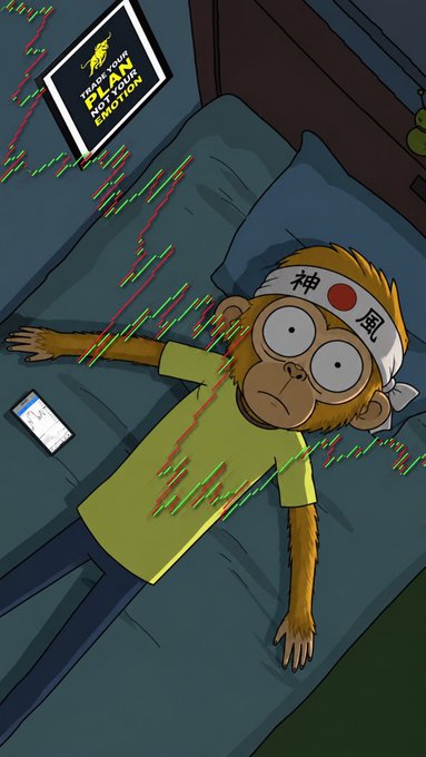 An animated monkey wearing a 'KAME' headband lies on a bed looking up at a phone displaying a chart, with a 'Teenage Playboy Billionaire Emotions' book and stock chart lines visible.