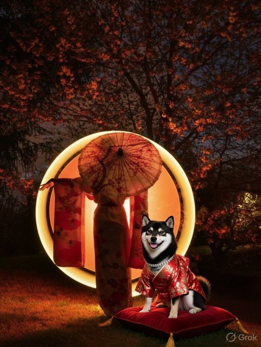 A Shiba Inu dressed in a red kimono sits beside a figure holding a parasol, with the "Grok" watermark visible in the corner. The festive scene with the dog as a treasured companion visually echoes the post's sentiment that "$MANYU are your greatest treasures," using the beloved dog to symbolize the token's value.