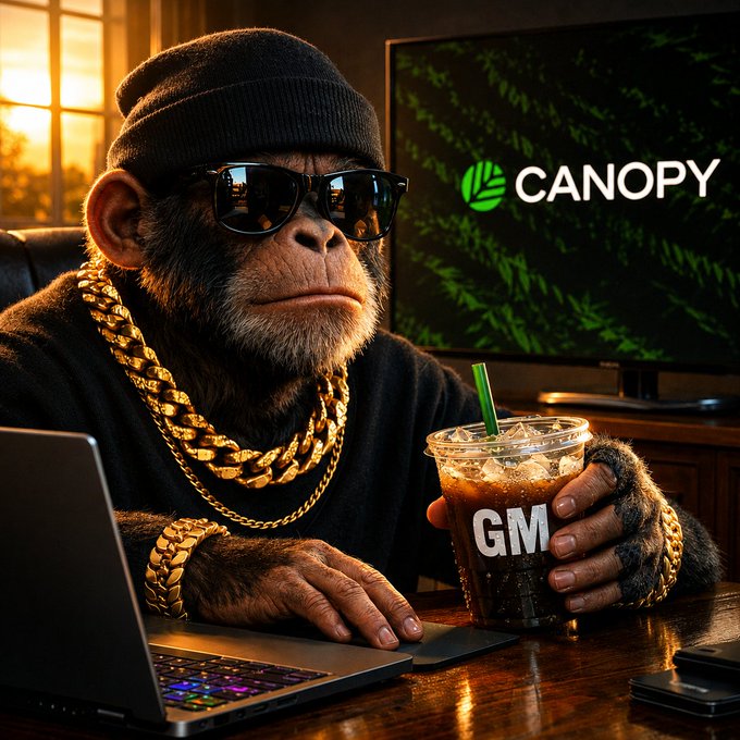 An AI-generated image of a chimpanzee wearing sunglasses, a beanie, and gold chains, holding an iced coffee cup labeled 'GM' in front of a laptop and a monitor displaying the 'CANOPY' logo.