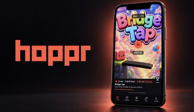 A promotional image featuring the 'hoppr' logo in orange next to a smartphone displaying the 'Bridge Tap' mobile game app.