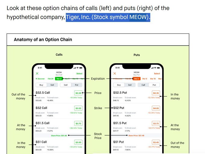 The image shows an "Anatomy of an Option Chain" diagram illustrating calls (left) and puts (right) for the hypothetical company Tiger, Inc. (stock symbol MEOW), with the stock price at $51.46 and various strike prices ranging from $51 to $52.5 displayed as in-the-money, at-the-money, or out-of-the-money options. This relates to the post by showcasing how options trading would work for the $MEOW memecoin ticker on Robinhood, though notably $MEOW is presented as a hypothetical example rather than an actual tradable stock.