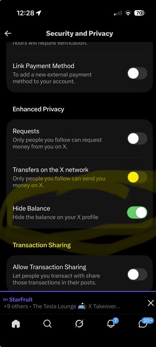 A smartphone screen displays X's 'Security and Privacy' settings, with yellow circles hand-drawn highlighting the 'Transfers on the X network' toggle (set to yellow) and the 'Hide Balance' toggle (set to green).