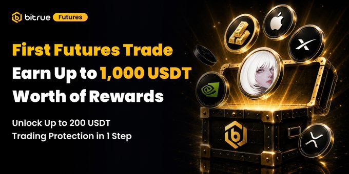 The image is an advertisement for a trading platform called BitRue Futures, which offers rewards up to 1,000 USDT (currency). There are several elements in this image that relate to the post about the rewards of trading futures. For example, there are five coins in a golden treasure chest displayed prominently in the foreground. This imagery suggests the potential for gains from investing in Bitcoin and future contracts. The text on the advertisement emphasizes the opportunities available through trading Bitcoin, Futures, and other financial instruments, highlighting that users can expect to earn rewards on their investments.