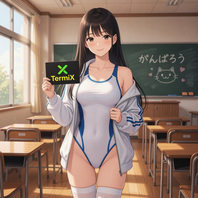An anime-style illustration of a girl in a white and blue swimsuit and track jacket holding a black card labeled 'TermiX' in a classroom setting with Japanese text 'がんばろう' on the chalkboard.