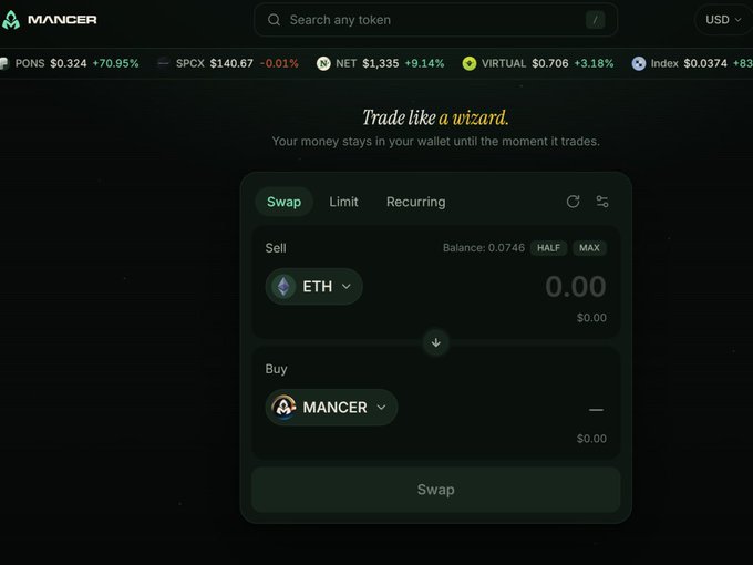 The image shows the Mancer decentralized exchange interface with a swap function for trading ETH to MANCER tokens, displaying a tagline "Trade like a wizard." and noting that user funds remain in wallet until trade execution. This aligns with the post's enthusiastic promotion of Mancer as a platform meant to rival Jupiter, highlighting the UI design as a selling point for potential investors.