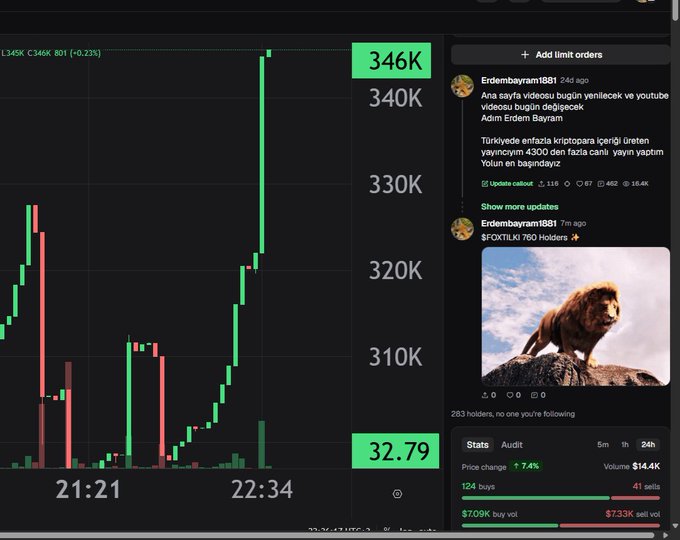 A cryptocurrency trading interface shows L345K and C346K B01 (+0.23%) with a green price chart, alongside posts from 'Erdembayram1881' featuring an image of a lion on a rock and Turkish text.