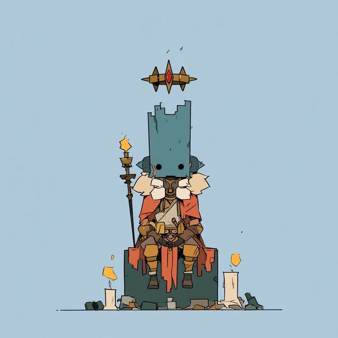 A whimsical 2D illustration of a character wearing a large cardboard box as a helmet with simple drawn eyes, seated on a stone throne and holding a torch, surrounded by lit candles.