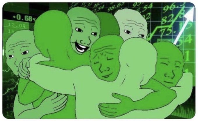 A group of green Wojak and Pepe meme characters embrace in a celebratory group hug against a backdrop of green stock market charts with numbers like 88.16, 90.54, 92.94, and 96.3, humorously conveying excitement and bullish sentiment around the promoted $normie token. The meme visually reinforces the post's optimistic message of buying and holding for gains.