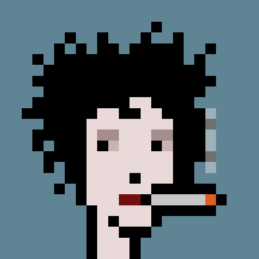 A pixel art portrait of a person with messy dark hair smoking a cigarette against a blue background.