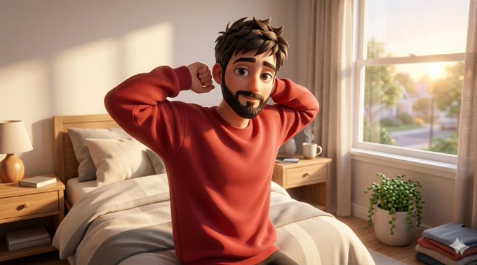 A 3D animated character of a bearded man in a red sweater stretches with his hands behind his head in a cozy bedroom at sunrise, with the watermark 'GA' in the bottom right.