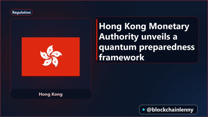 A news graphic states "Hong Kong Monetary Authority unveils a quantum preparedness framework" next to the Hong Kong flag, credited to @blockchainlenny.