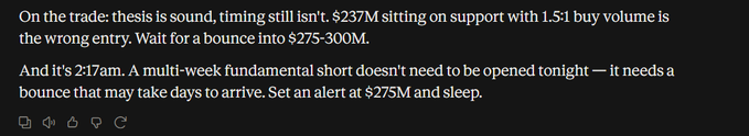 Text discussing a trade thesis, mentioning waiting for a bounce into $275-300M and setting an alert at $275M.