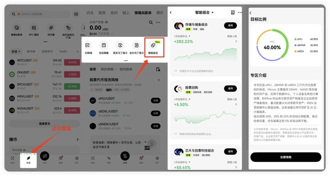 A series of mobile app screenshots showing the OKX trading platform, highlighting the '智能组合' (Smart Portfolio) feature with arrow annotations pointing to the menu navigation.