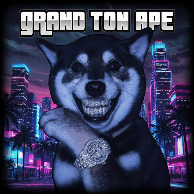 The image features a dog wearing a watch, with its mouth open as if it's smiling or laughing. The background of the image shows buildings at night, suggesting that this scene takes place in a city setting. The caption below the image reads "GTA to millions is inevitable", which implies that the popularity and success of the video game Grand Tones are expected to grow rapidly due to its widespread appeal among gamers.

The dog's facial expression and the watch it's wearing create an amusing and lighthearted atmosphere, while the cityscape in the background adds a sense of urban energy to the scene. The combination of these elements creates a visually appealing and entertaining image that captures the viewer's attention.