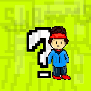 A pixel art character with a red headband, blue hoodie, and red shoes stands next to a large white question mark on a lime green pixelated background.