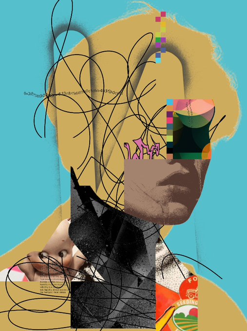 A vibrant, abstract digital collage featuring fragmented photographic portraits, scribbled black lines, and bold colors including turquoise, yellow, and pink.