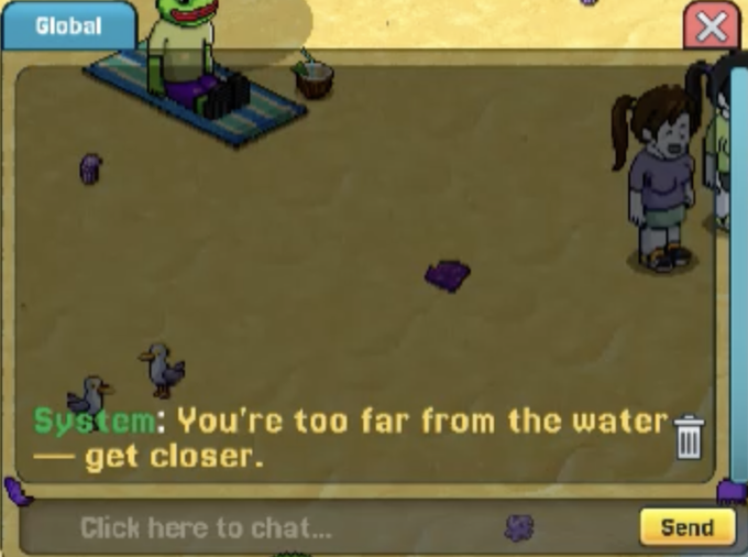 A screenshot from a virtual world game showing the message 'System: You're too far from the water - get closer' with cartoon characters and ducks in a sandy area.
