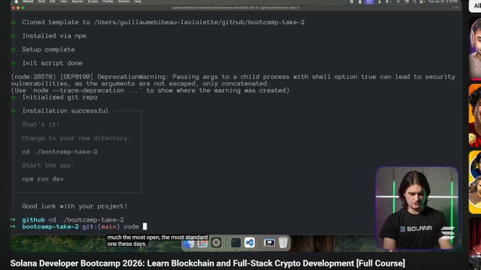 A terminal window showing the completion of a Solana bootcamp project initialization, with success messages and instructions to run 'npm run dev'. The bottom of the screen reads 'Solana Developer Bootcamp 2026: Learn Blockchain and Full-Stack Crypto Development [Full Course]'.