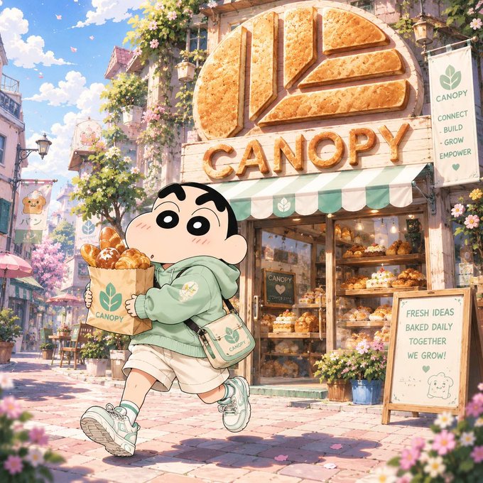 Anime-style illustration of a character resembling Crayon Shin-chan carrying a paper bag of bread, walking past a bakery storefront labeled 'CANOPY' with signage reading 'CONNECT. BUILD. GROW. EMPOWER' and a chalkboard sign stating 'FRESH IDEAS BAKED DAILY TOGETHER WE GROW!'.