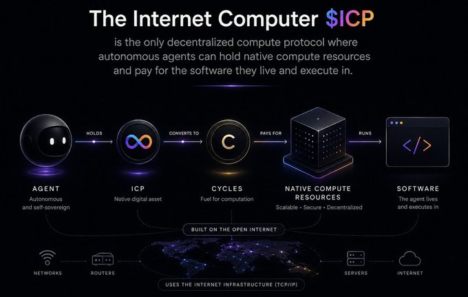 An infographic titled 'The Internet Computer $ICP' explaining how it is the only decentralized compute protocol where autonomous agents hold native compute resources and pay for the software they execute in, built on the open internet and TCP/IP infrastructure.