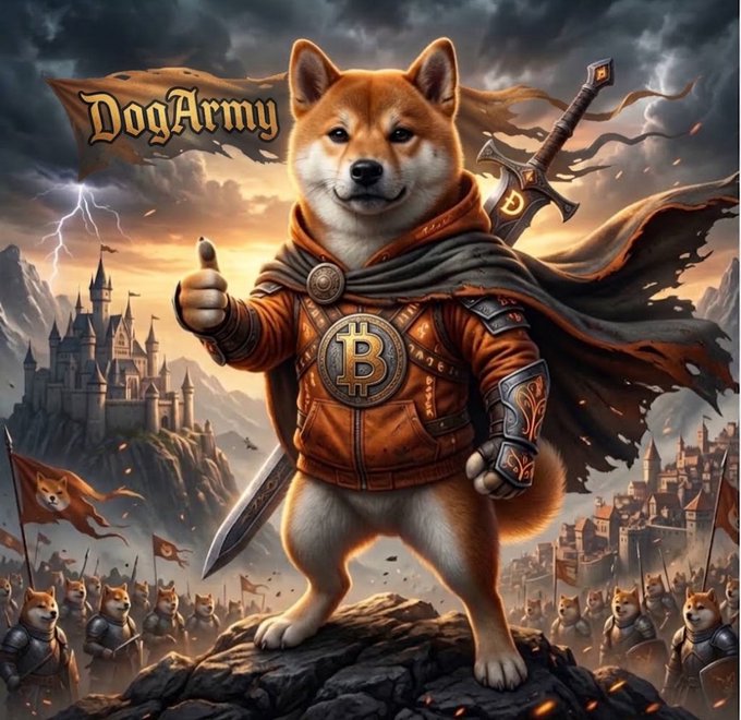 A fantasy-style digital illustration features an anthropomorphic Shiba Inu warrior wearing an orange hoodie with a Bitcoin logo, holding a sword and giving a thumbs up, with a 'DogArmy' banner and an army of dog soldiers in the background.