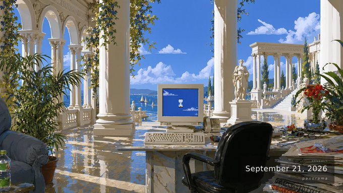 A digital artwork depicting a classical Greco-Roman villa overlooking the sea, featuring a computer terminal on a desk in the foreground, is displayed on a monitor screen. The image is watermarked "September 21, 2026 pacorama" and is being sold as "Panorama Tableau #152" on OpenSea for 0.1649 ETH.