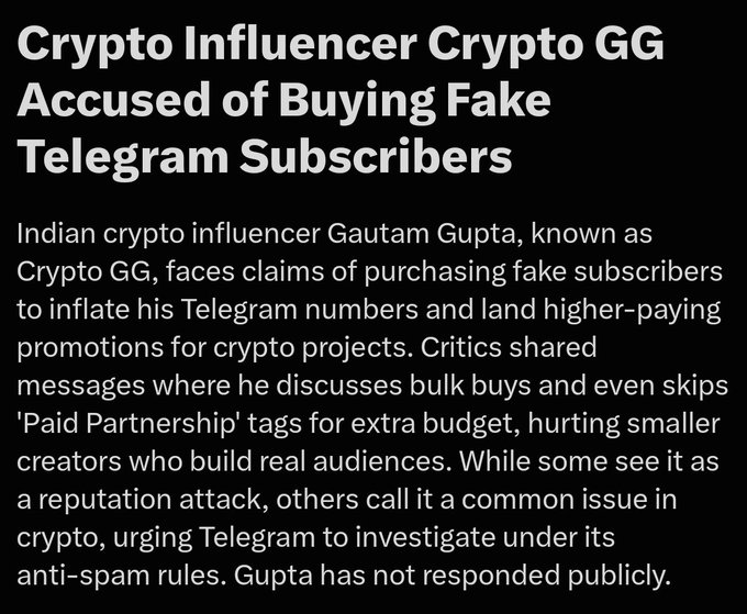 A headline image reads "Crypto Influencer Crypto GG Accused of Buying Fake Telegram Subscribers," detailing how Indian influencer Gautam Gupta allegedly purchased fake subscribers to secure higher-paying crypto promotions while skipping 'Paid Partnership' tags, which critics say undermines smaller creators. The accompanying post criticizes this practice, sarcastically questioning the value of community-building when one can simply buy fake Telegram members and views for profit.