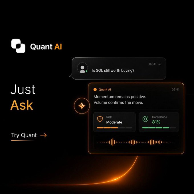 A promotional image for Quant AI displaying 'Just Ask' with a chat interface showing the question 'Is SOL still worth buying?' and an AI response reading 'Momentum remains positive. Volume confirms the move' with a Moderate Risk level and 81% Confidence.